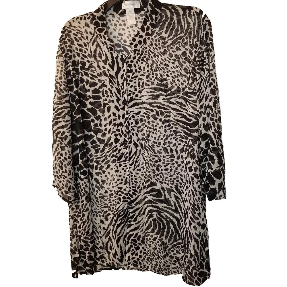 Draper James Top Tunic Womens XL Black White Semi Sheer Animal Print